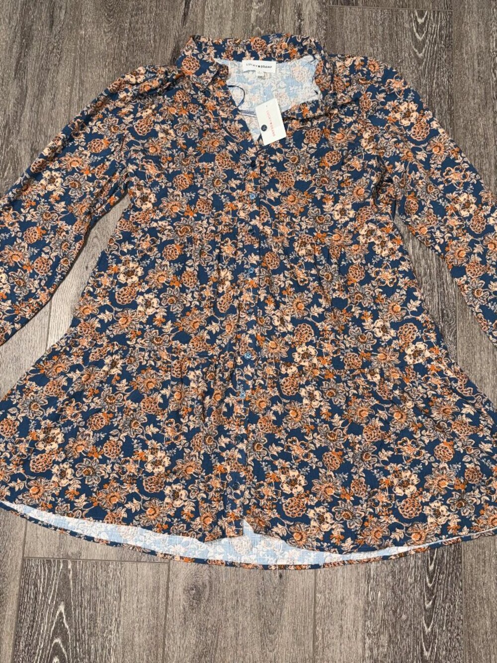 NEW Lucky Brand Womens Navy Floral Mini Dress Collar Button Up Size L Large NWT